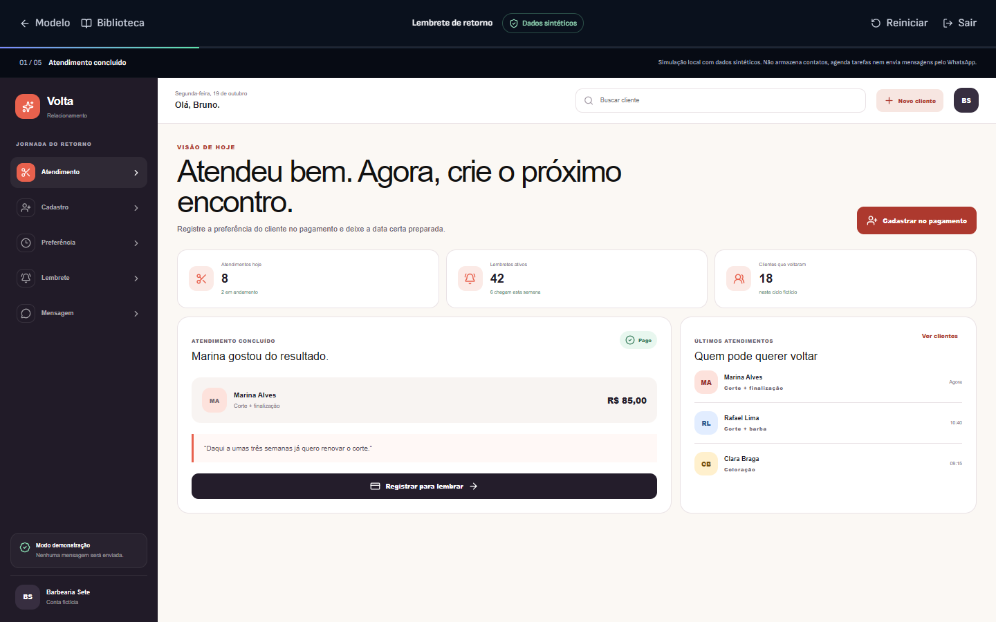 Aplicativo demonstrativo de pós-venda e reativação, com cadastro, preferência de retorno e lembrete programado.