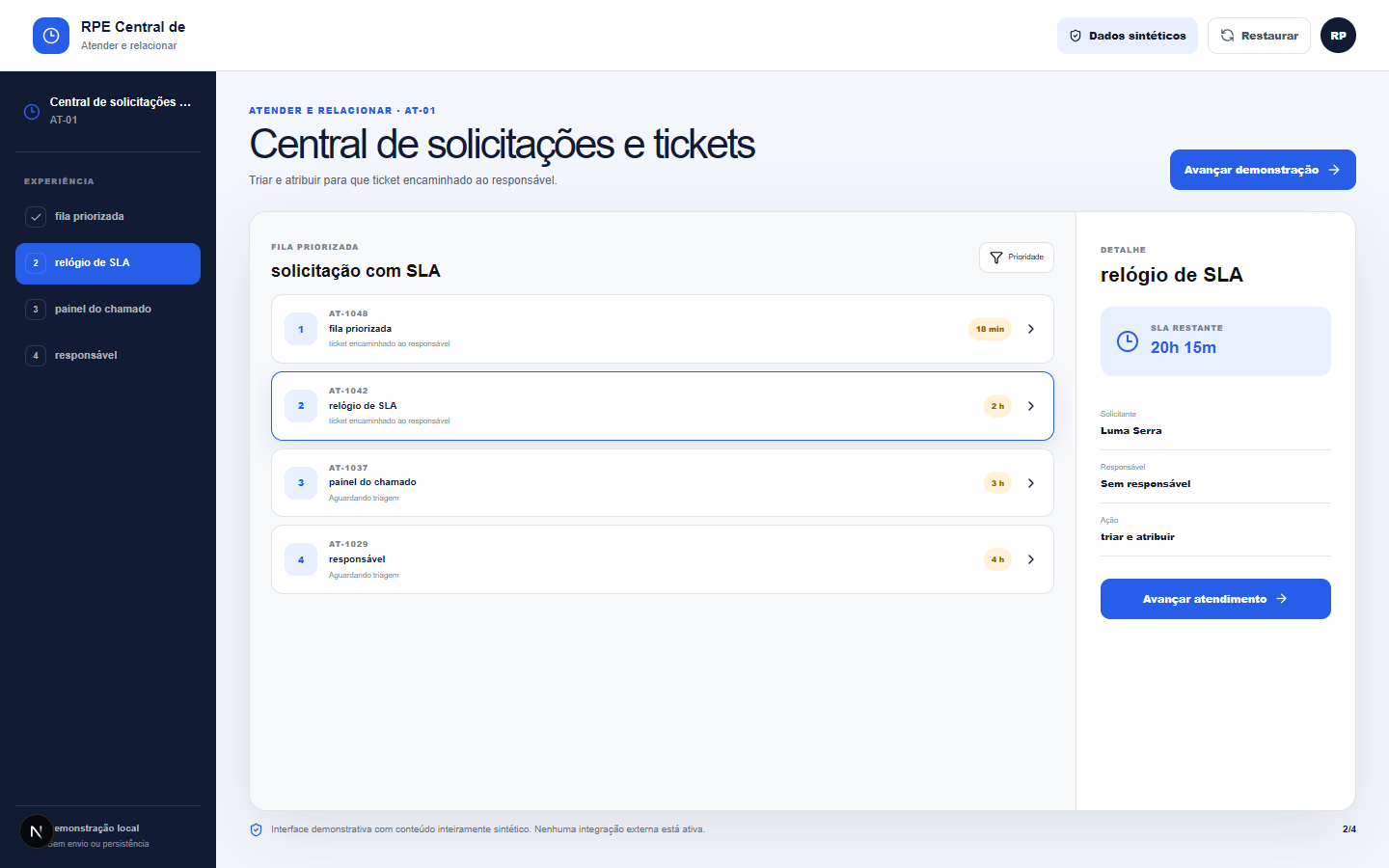 Interface demonstrativa de solicitação com SLA, com pistas visuais específicas do trabalho.