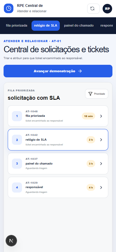 Interface demonstrativa de solicitação com SLA, com pistas visuais específicas do trabalho. Versão móvel.