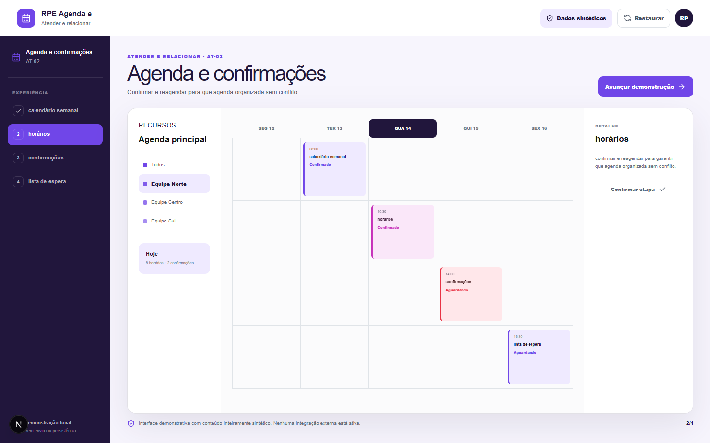 Interface demonstrativa de compromisso confirmado, com pistas visuais específicas do trabalho.