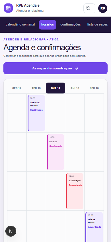 Interface demonstrativa de compromisso confirmado, com pistas visuais específicas do trabalho. Versão móvel.