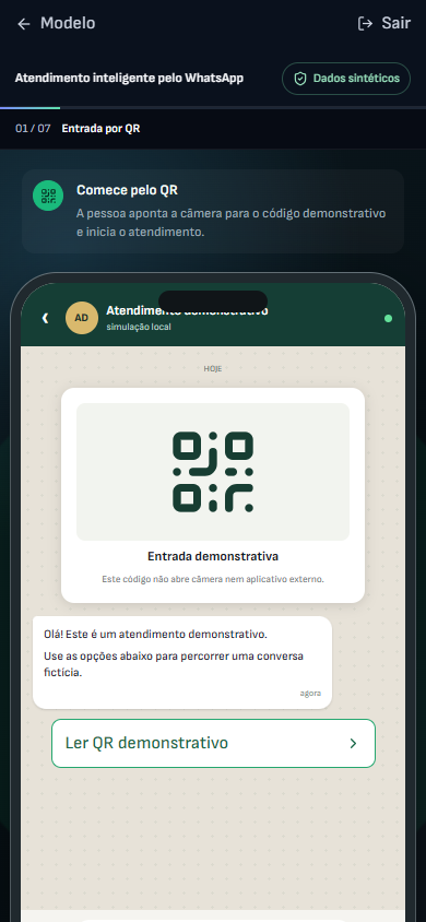 Interface demonstrativa de conversa de atendimento, com pistas visuais específicas do trabalho. Versão móvel.