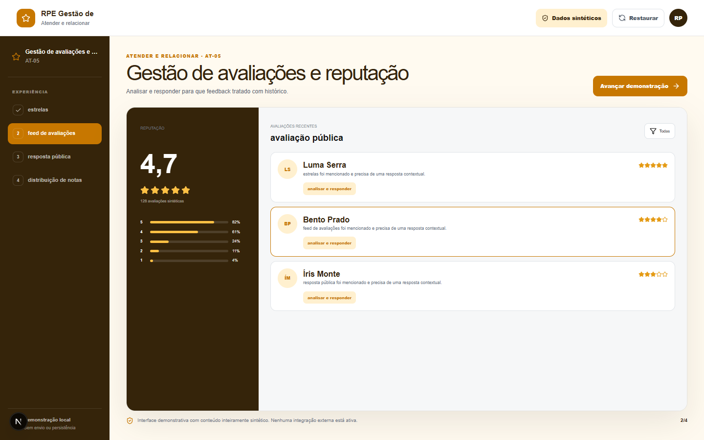 Interface demonstrativa de avaliação pública, com pistas visuais específicas do trabalho.