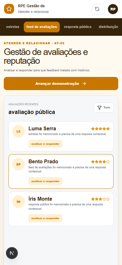 Interface demonstrativa de avaliação pública, com pistas visuais específicas do trabalho. Versão móvel.