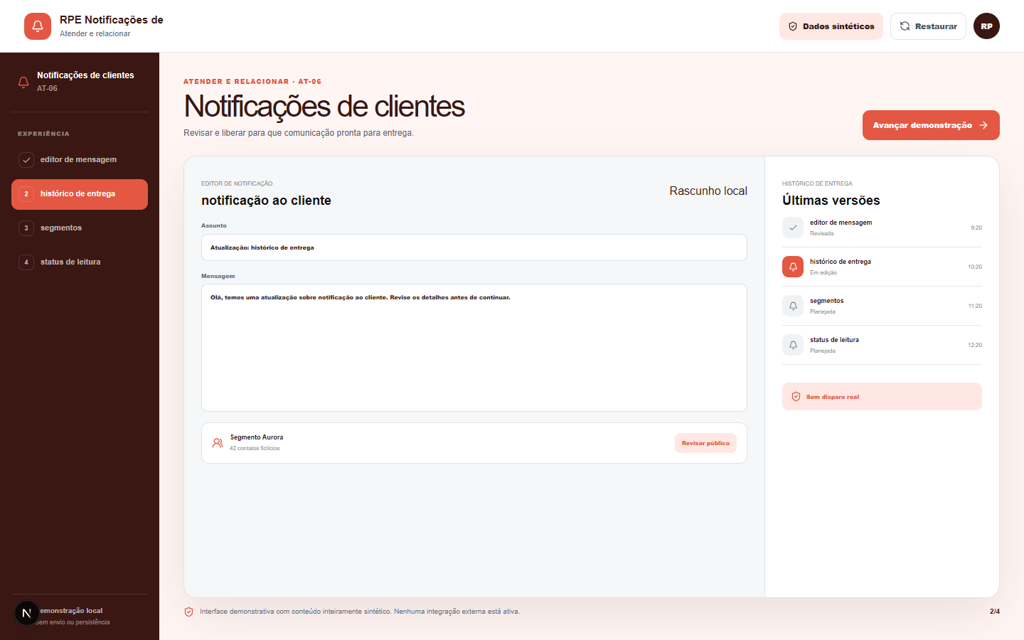 Interface demonstrativa de notificação ao cliente, com pistas visuais específicas do trabalho.