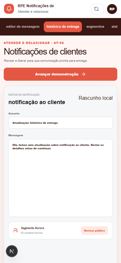 Interface demonstrativa de notificação ao cliente, com pistas visuais específicas do trabalho. Versão móvel.