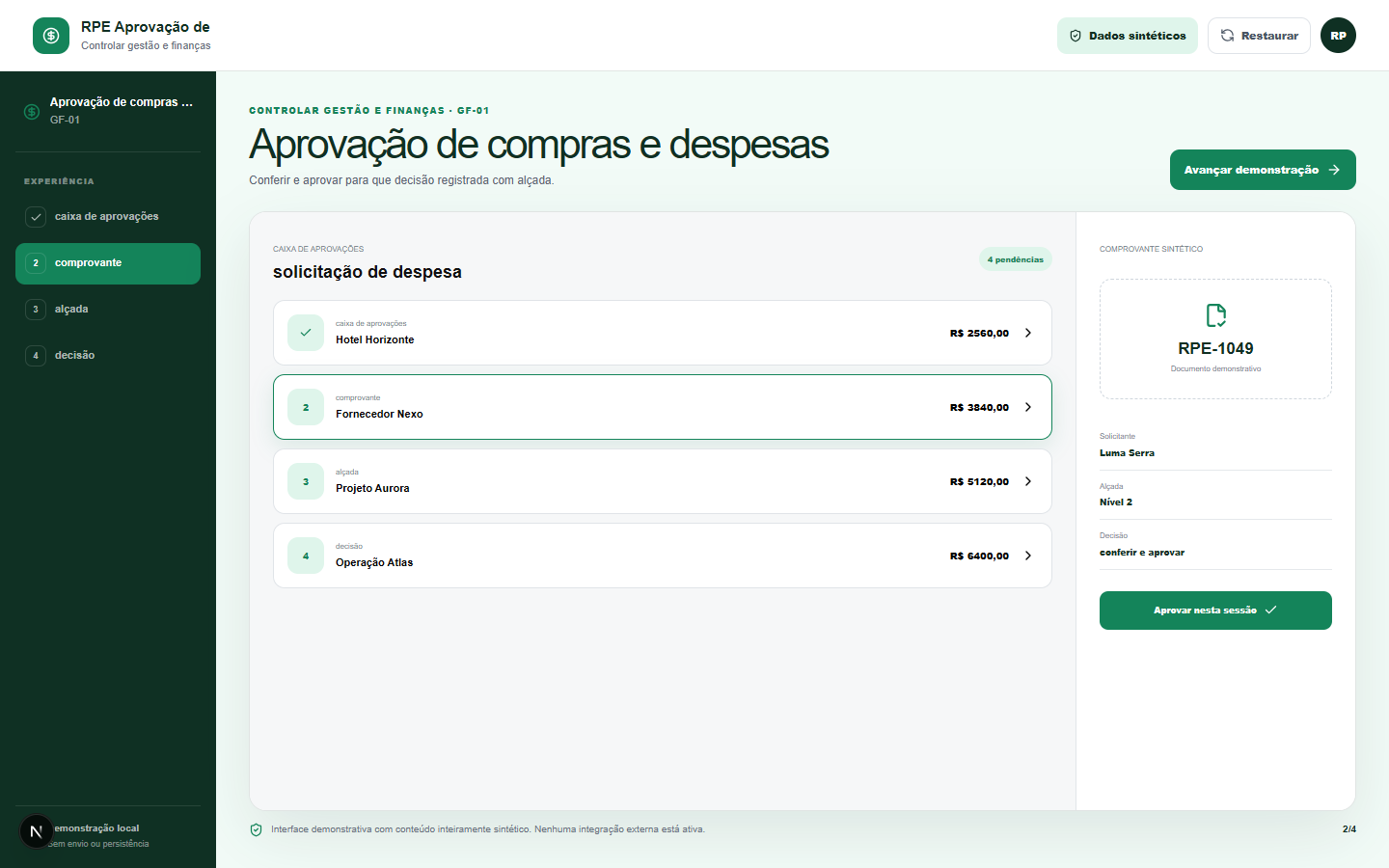 Interface demonstrativa de solicitação de despesa, com pistas visuais específicas do trabalho.