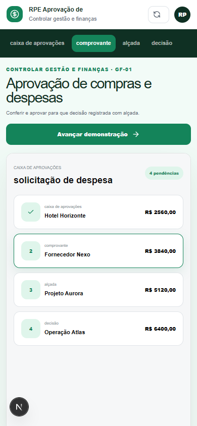 Interface demonstrativa de solicitação de despesa, com pistas visuais específicas do trabalho. Versão móvel.
