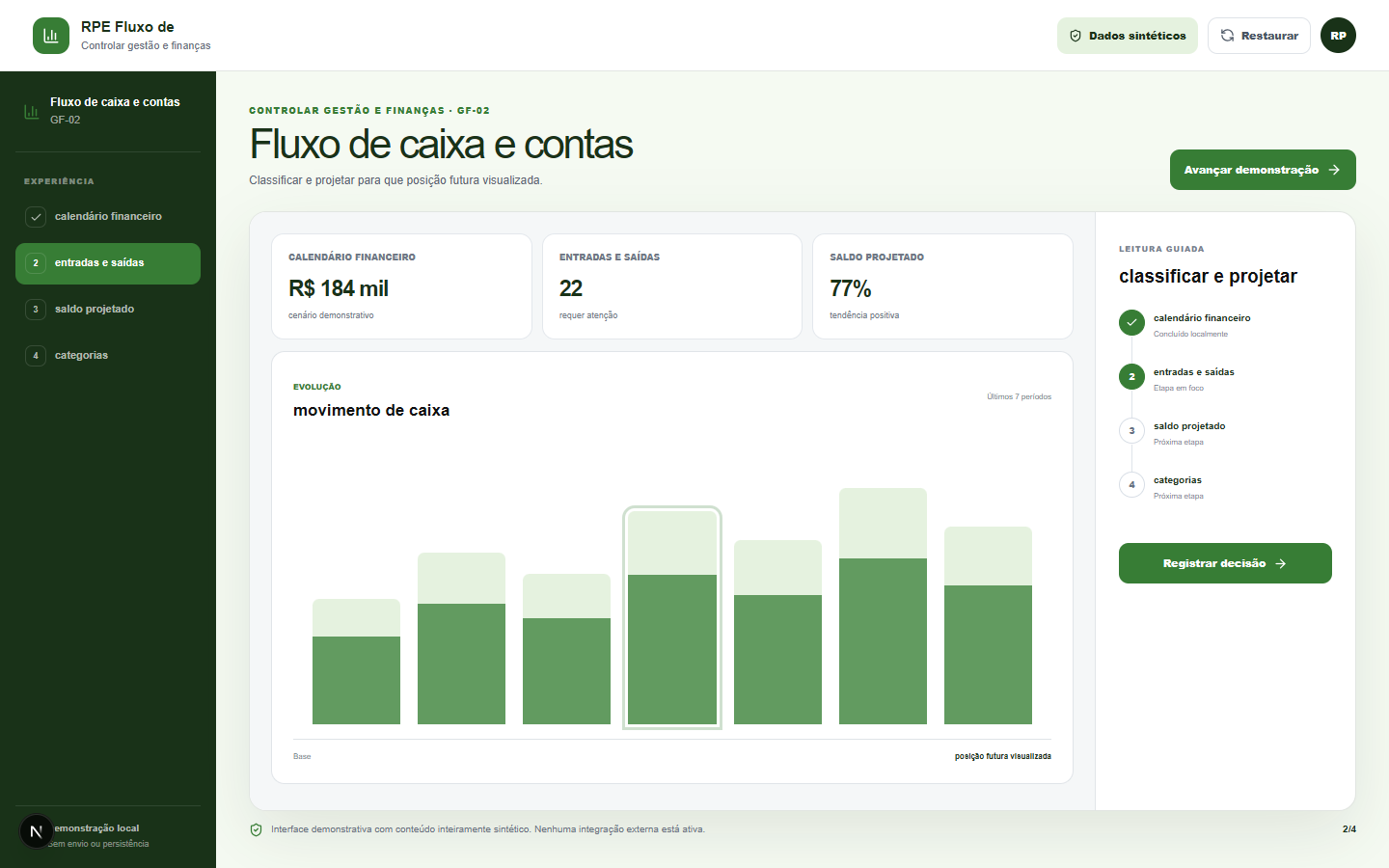 Interface demonstrativa de movimento de caixa, com pistas visuais específicas do trabalho.