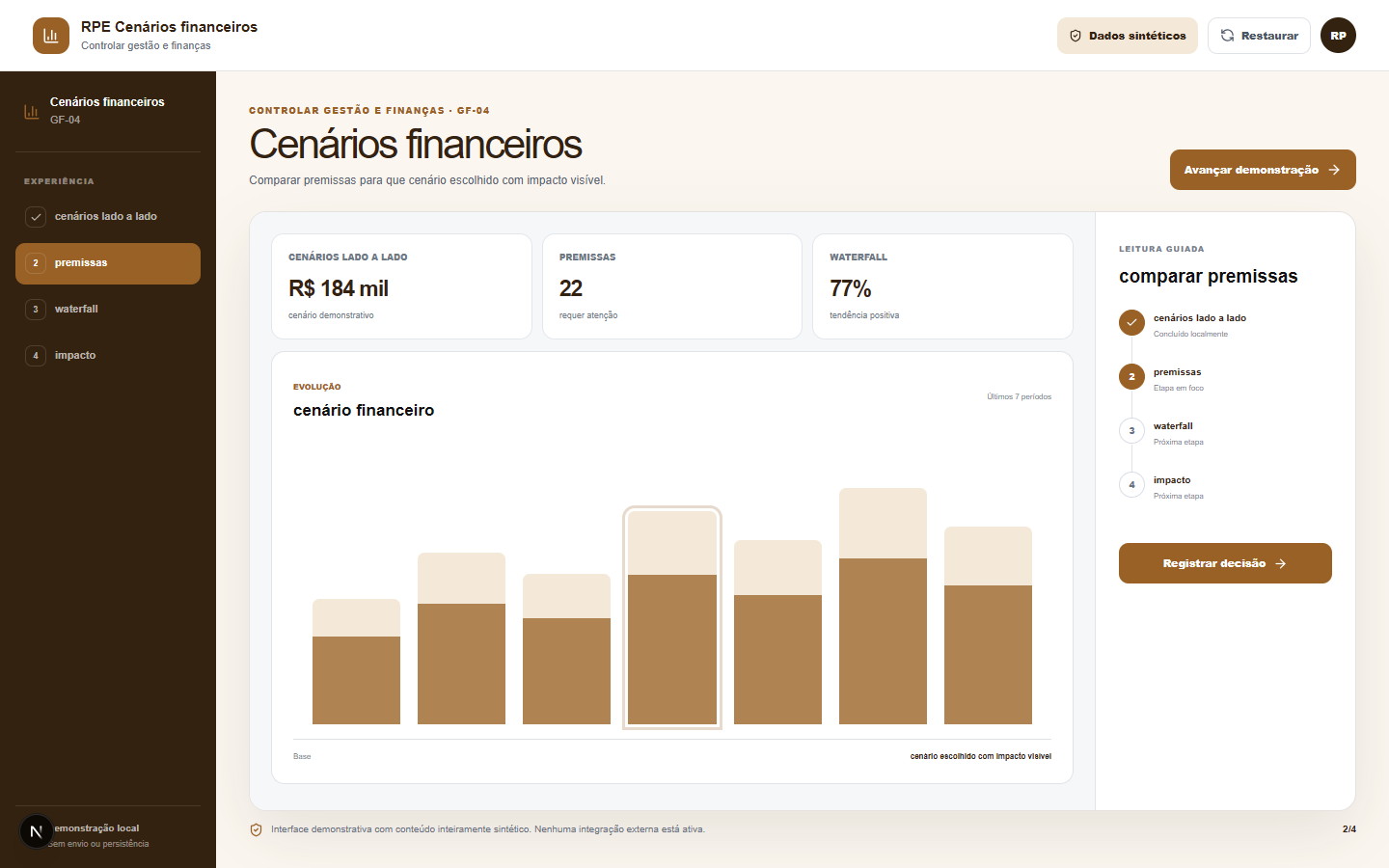 Interface demonstrativa de cenário financeiro, com pistas visuais específicas do trabalho.