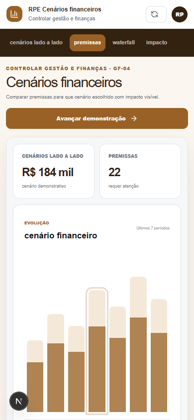 Interface demonstrativa de cenário financeiro, com pistas visuais específicas do trabalho. Versão móvel.