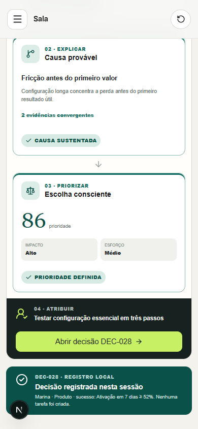 Interface demonstrativa de questão executiva, com pistas visuais específicas do trabalho. Versão móvel.