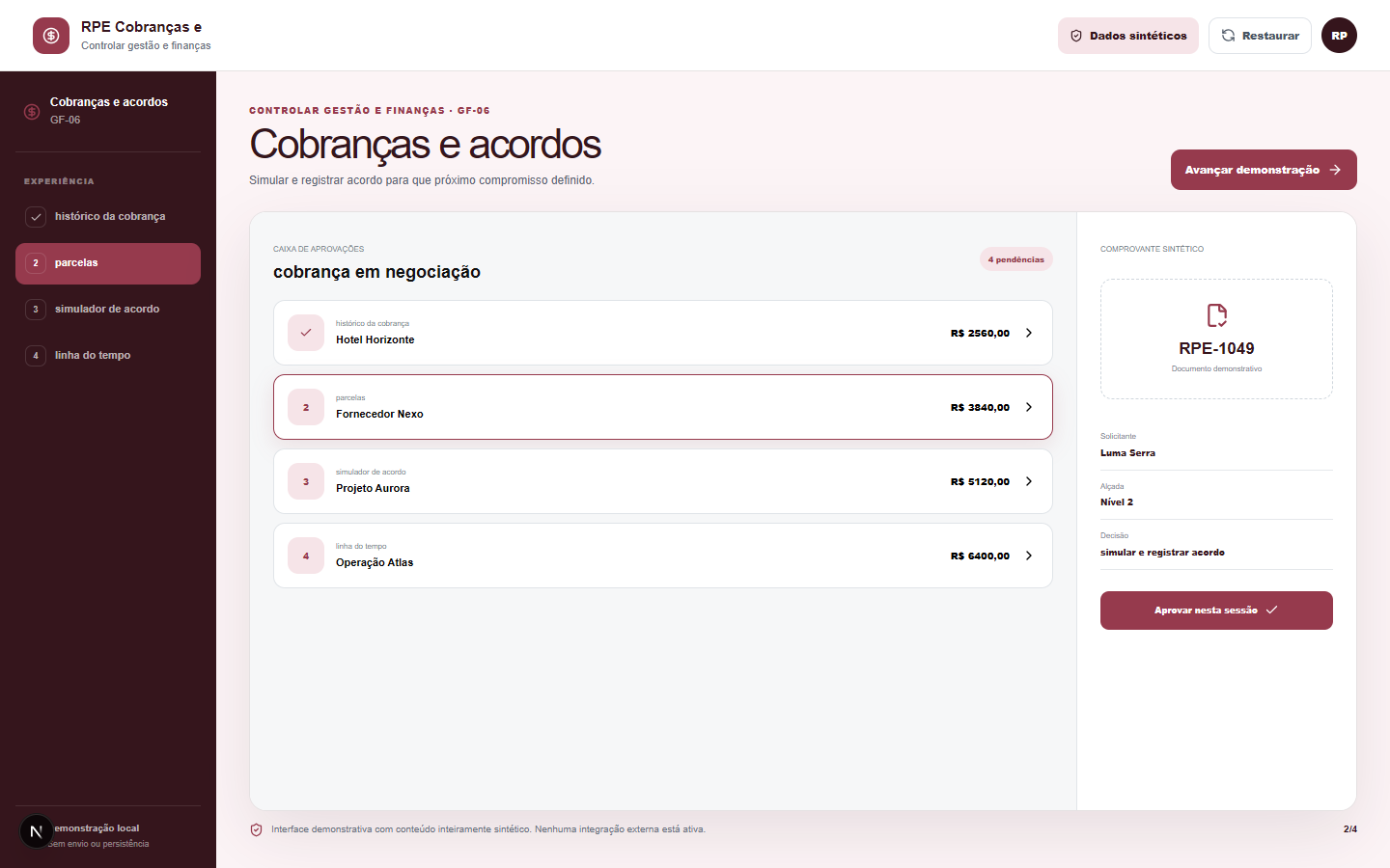 Interface demonstrativa de cobrança em negociação, com pistas visuais específicas do trabalho.