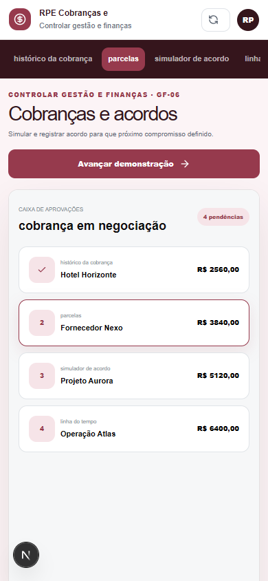 Interface demonstrativa de cobrança em negociação, com pistas visuais específicas do trabalho. Versão móvel.
