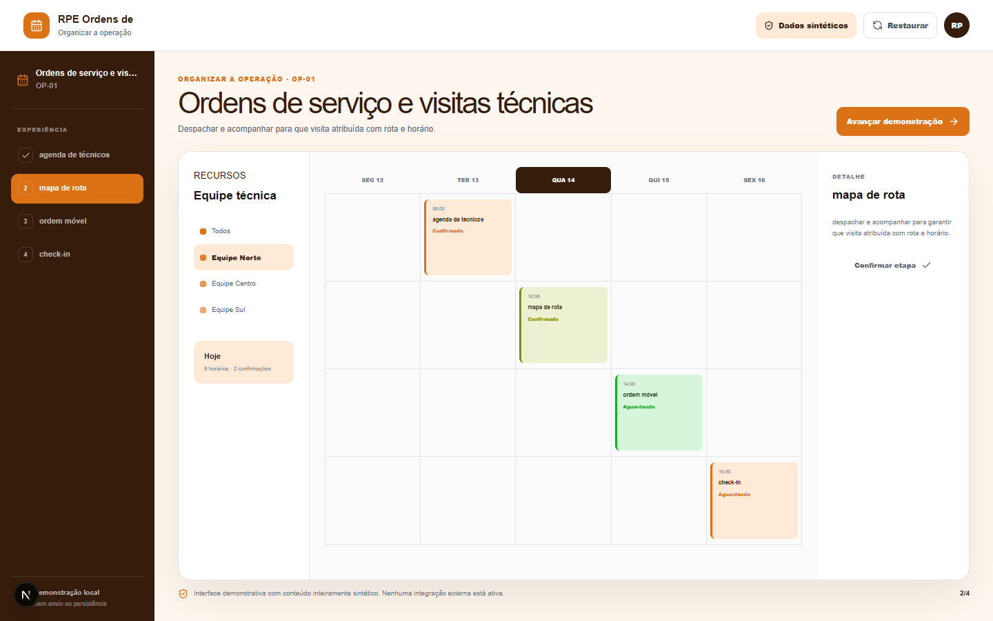 Interface demonstrativa de ordem de serviço, com pistas visuais específicas do trabalho.