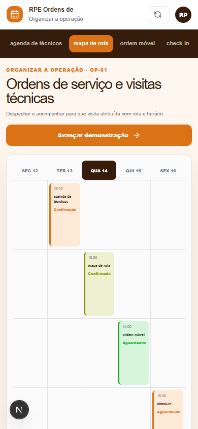 Interface demonstrativa de ordem de serviço, com pistas visuais específicas do trabalho. Versão móvel.