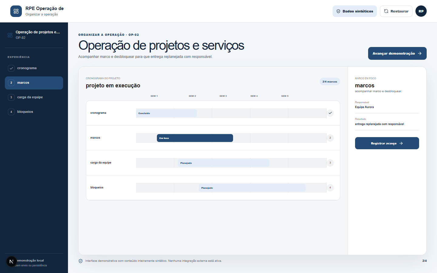 Interface demonstrativa de projeto em execução, com pistas visuais específicas do trabalho.
