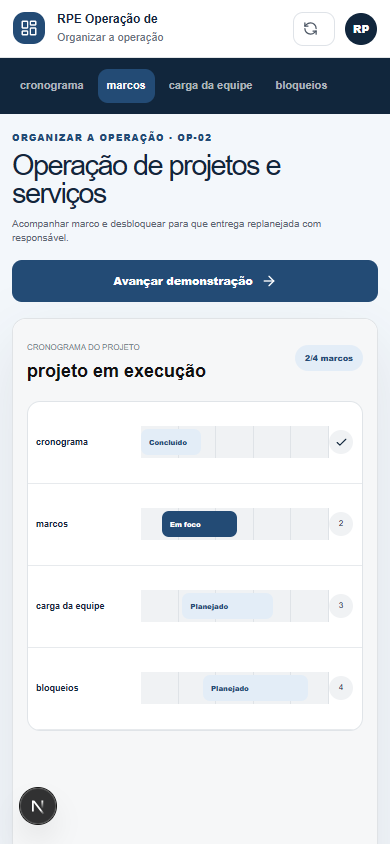 Interface demonstrativa de projeto em execução, com pistas visuais específicas do trabalho. Versão móvel.