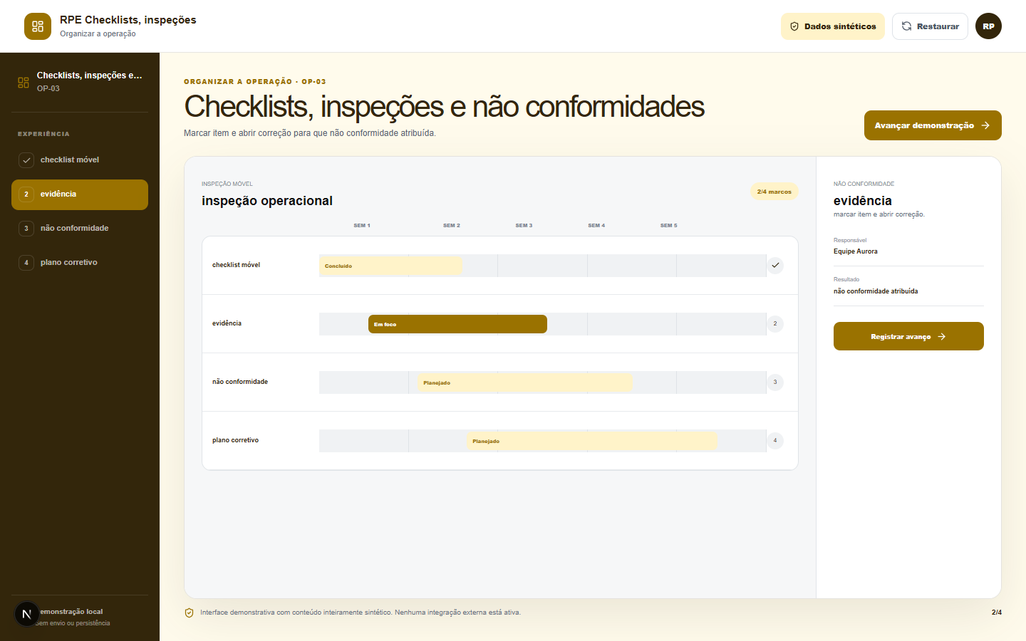 Interface demonstrativa de inspeção operacional, com pistas visuais específicas do trabalho.