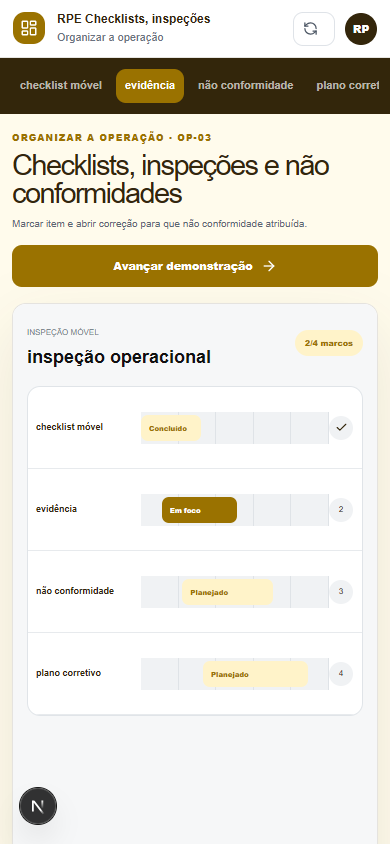 Interface demonstrativa de inspeção operacional, com pistas visuais específicas do trabalho. Versão móvel.