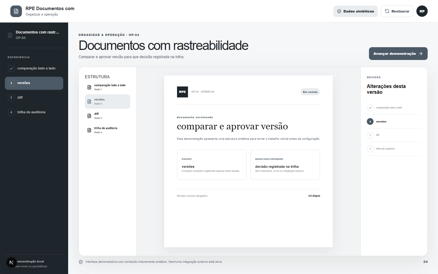 Interface demonstrativa de documento versionado, com pistas visuais específicas do trabalho.