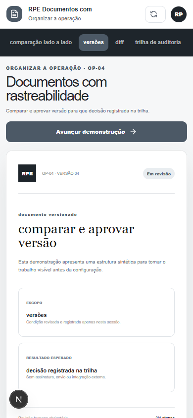 Interface demonstrativa de documento versionado, com pistas visuais específicas do trabalho. Versão móvel.