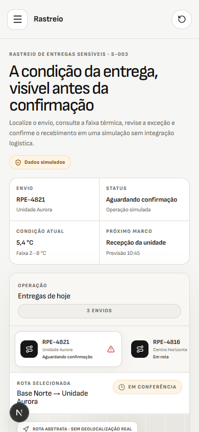 Interface demonstrativa de entrega sensível, com pistas visuais específicas do trabalho. Versão móvel.