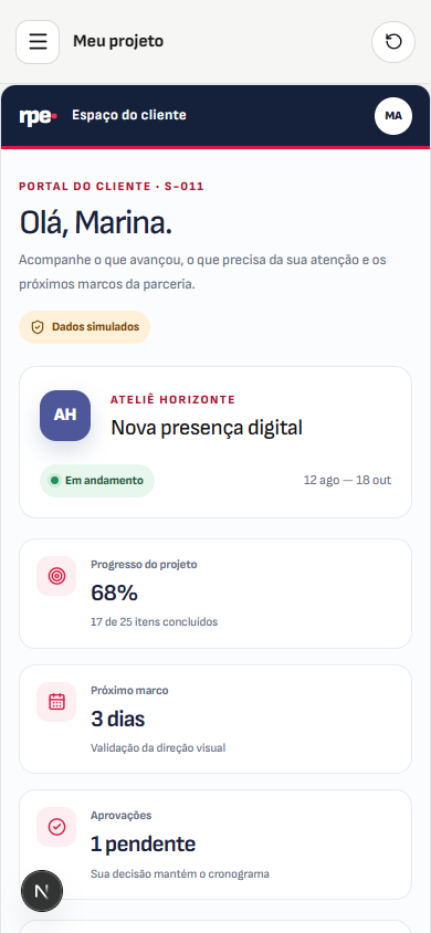 Interface demonstrativa de entrega de projeto, com pistas visuais específicas do trabalho. Versão móvel.
