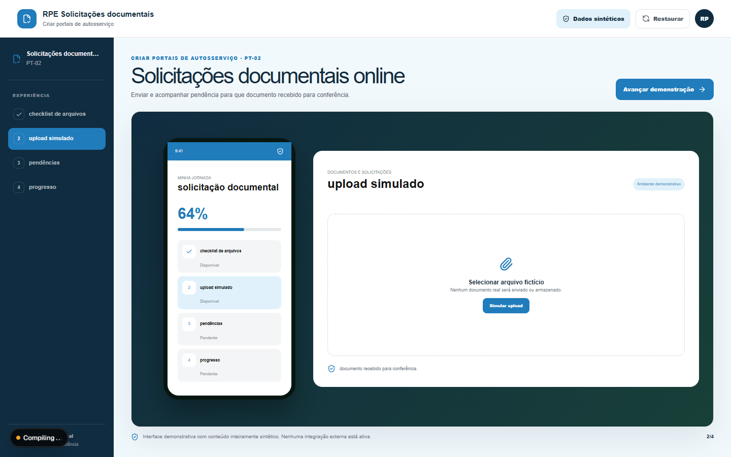 Interface demonstrativa de solicitação documental, com pistas visuais específicas do trabalho.