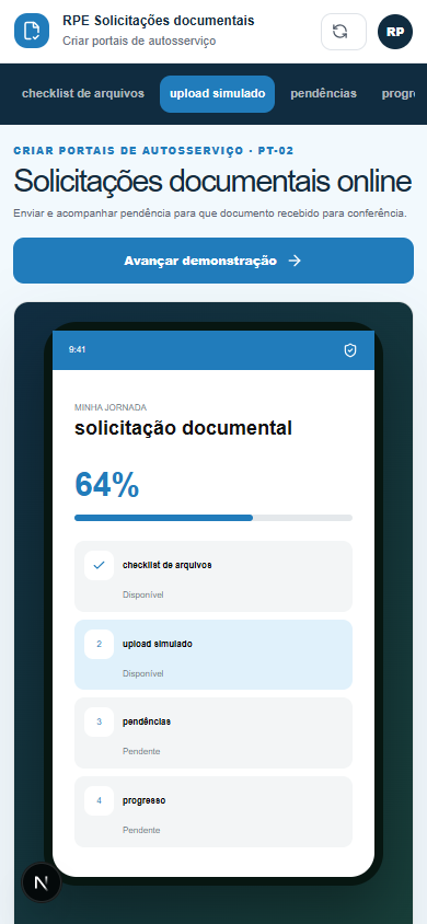 Interface demonstrativa de solicitação documental, com pistas visuais específicas do trabalho. Versão móvel.