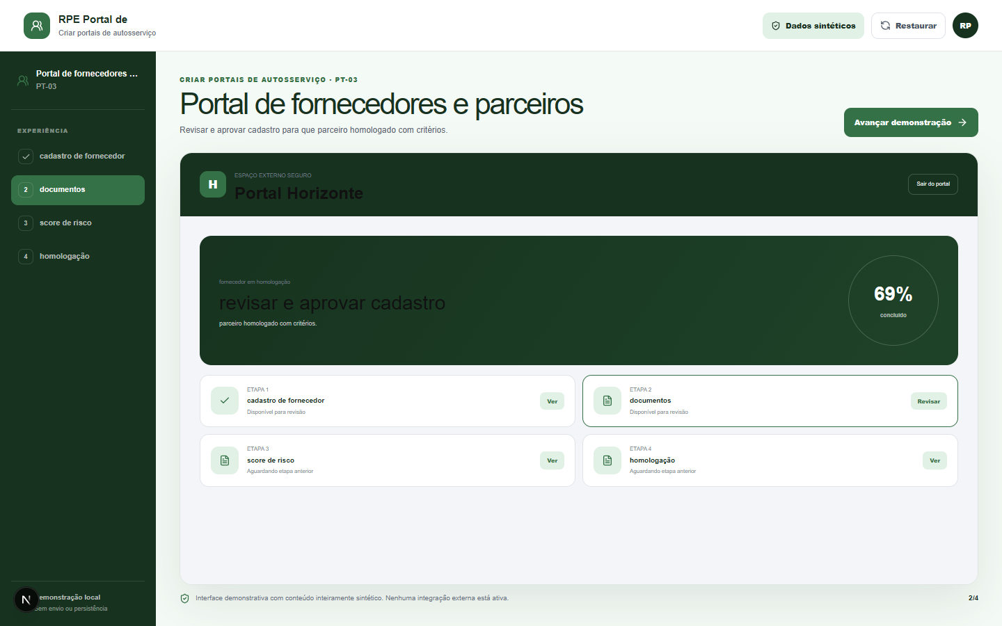Interface demonstrativa de fornecedor em homologação, com pistas visuais específicas do trabalho.