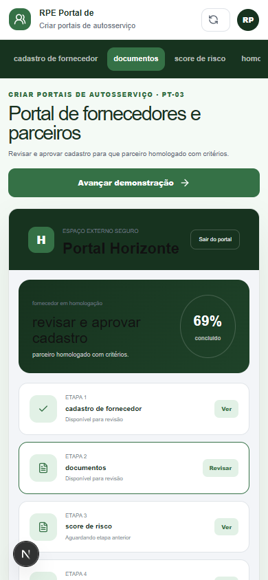 Interface demonstrativa de fornecedor em homologação, com pistas visuais específicas do trabalho. Versão móvel.