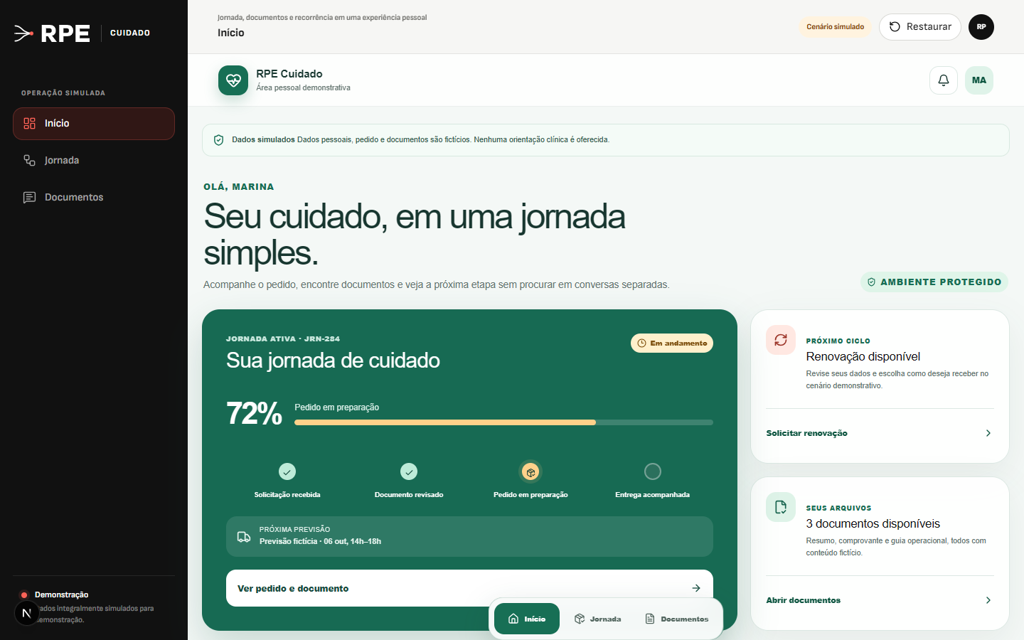 Interface demonstrativa de jornada pessoal de cuidado, com pistas visuais específicas do trabalho.