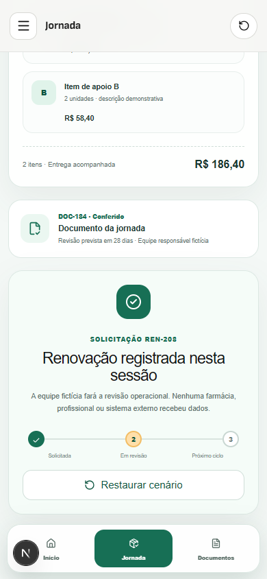 Interface demonstrativa de jornada pessoal de cuidado, com pistas visuais específicas do trabalho. Versão móvel.