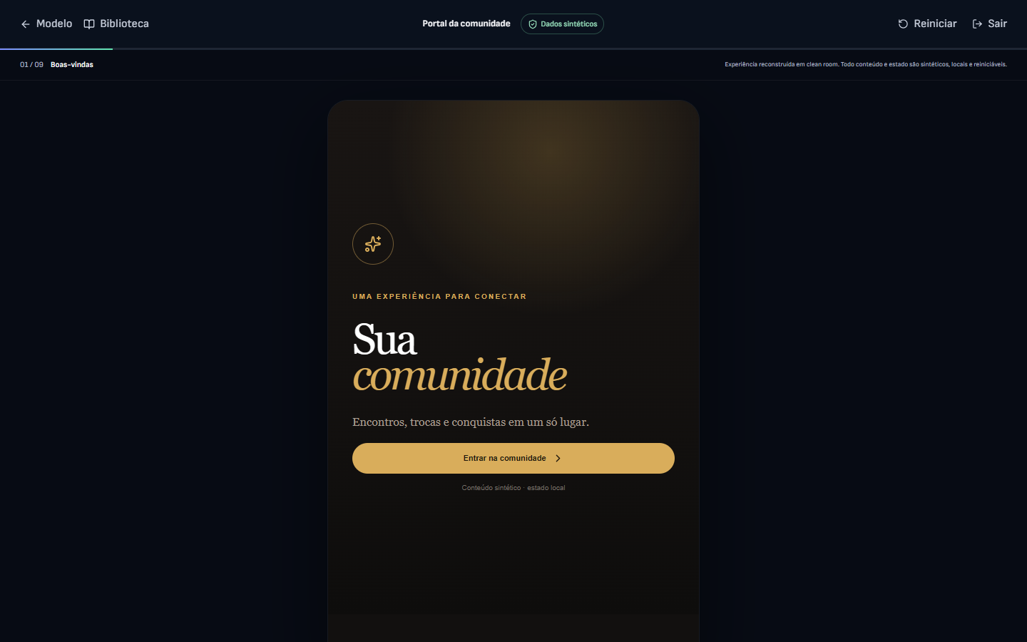 Interface demonstrativa de comunidade com mural, membros e eventos em dados fictícios