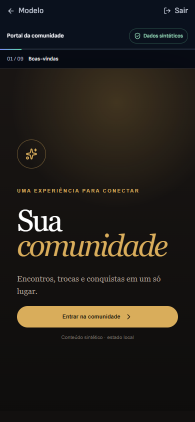 Interface demonstrativa de comunidade privada, com pistas visuais específicas do trabalho. Versão móvel.