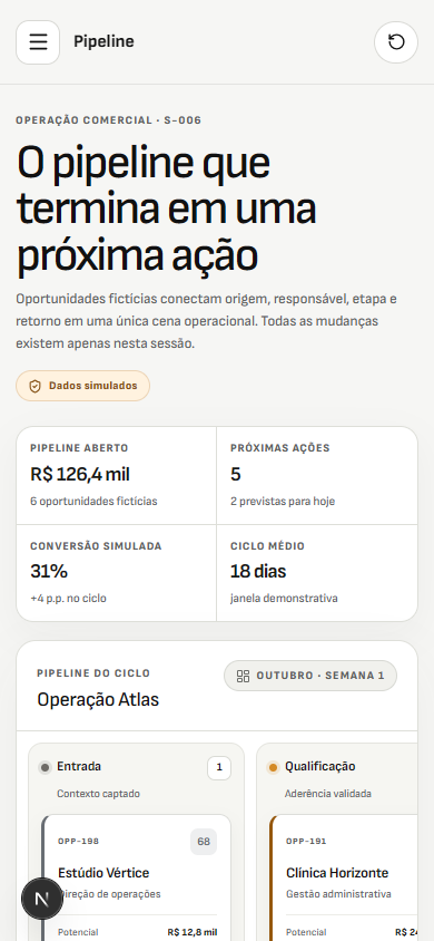 Interface demonstrativa de operação comercial e de equipe, com pistas visuais específicas do trabalho. Versão móvel.