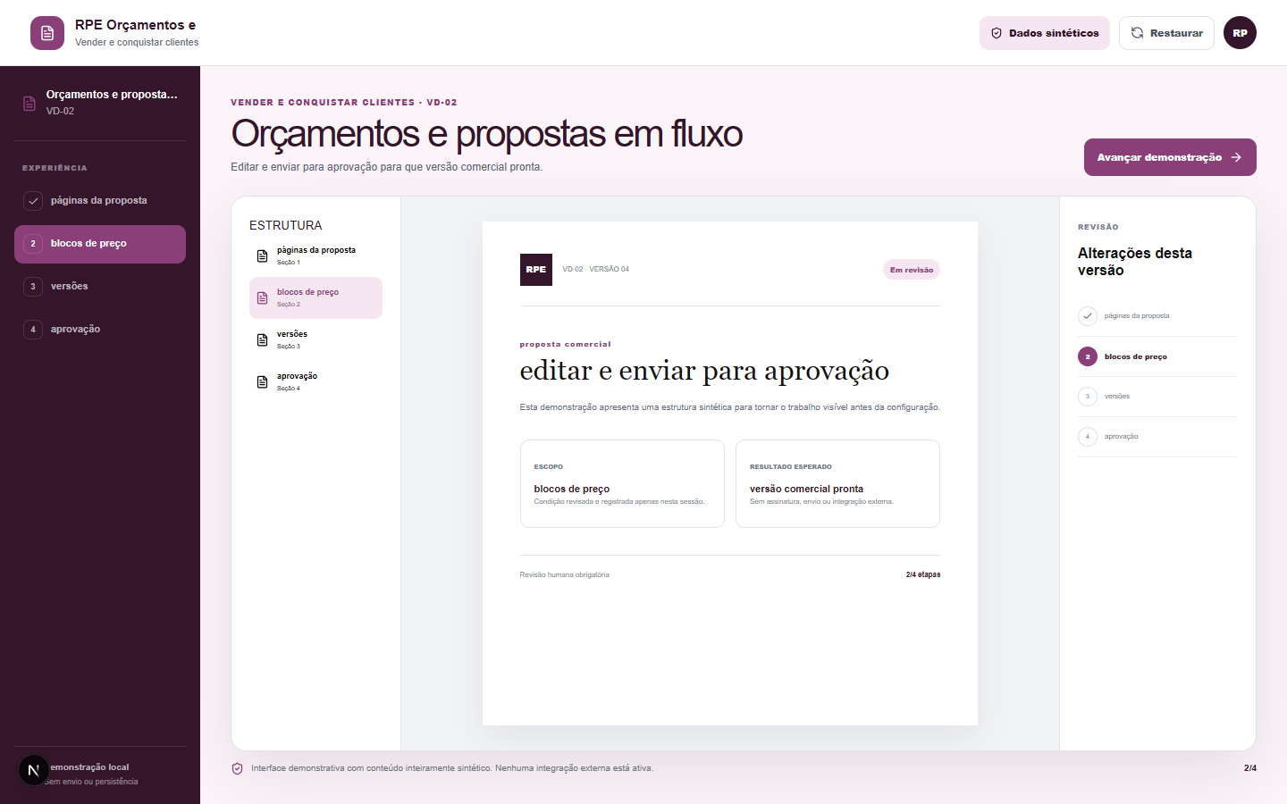 Interface demonstrativa de proposta comercial, com pistas visuais específicas do trabalho.