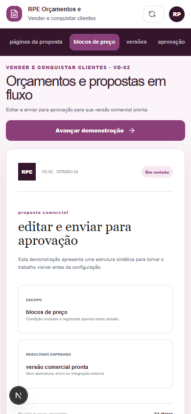 Interface demonstrativa de proposta comercial, com pistas visuais específicas do trabalho. Versão móvel.