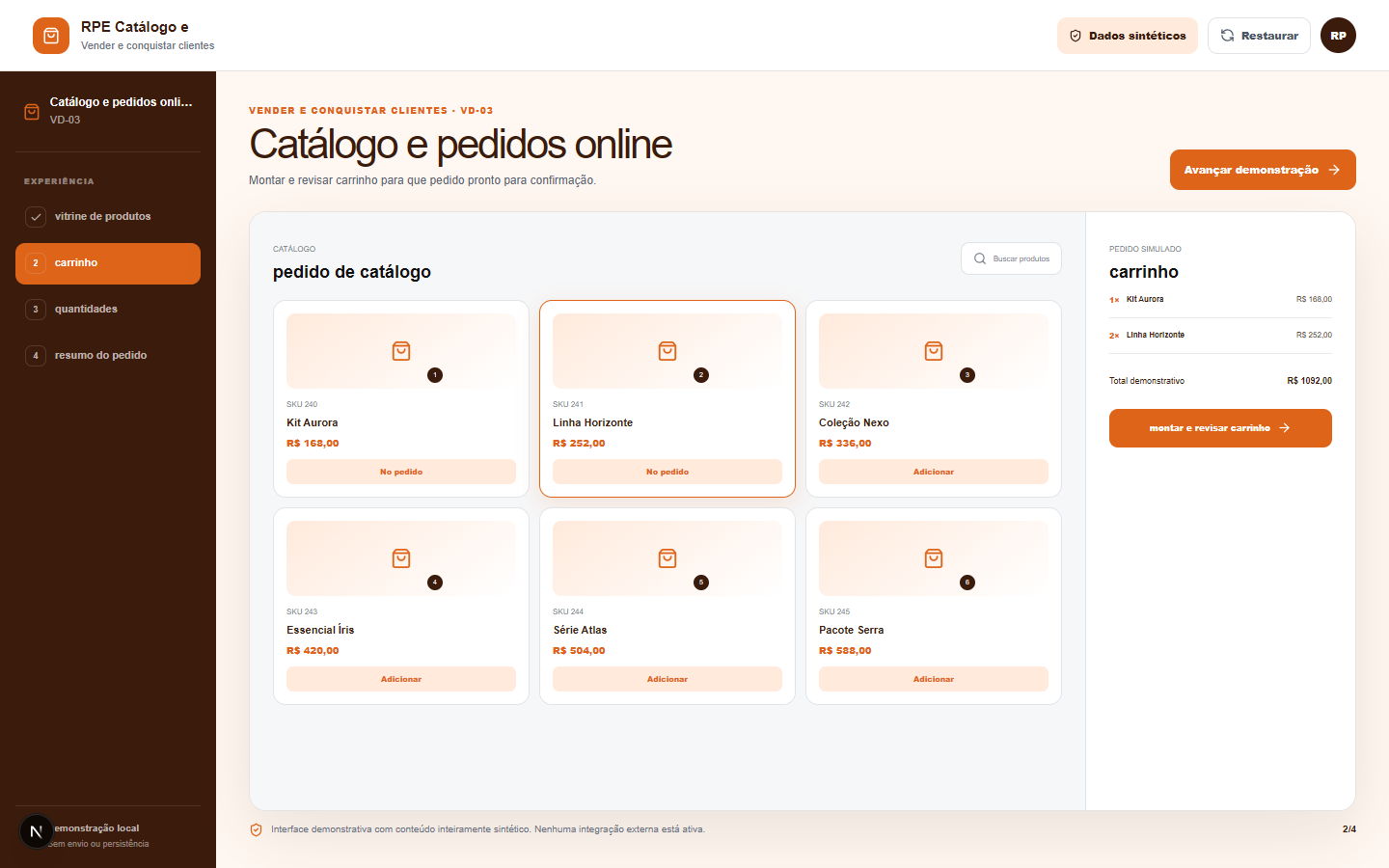 Interface demonstrativa de pedido de catálogo, com pistas visuais específicas do trabalho.