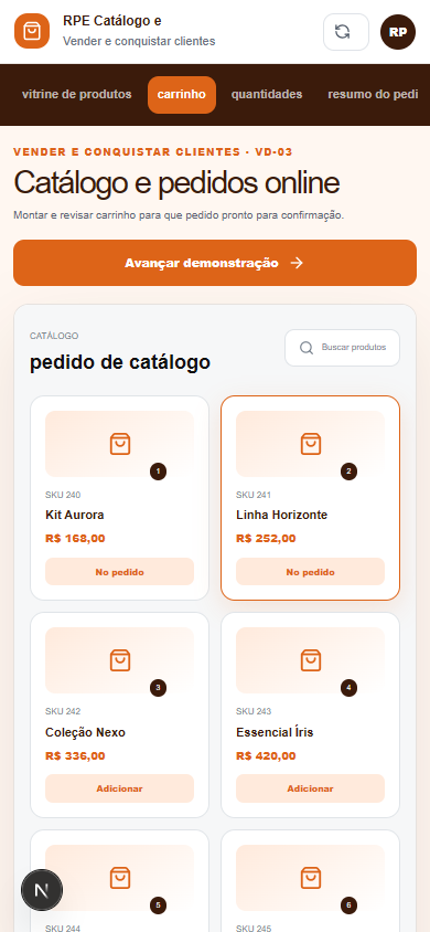 Interface demonstrativa de pedido de catálogo, com pistas visuais específicas do trabalho. Versão móvel.