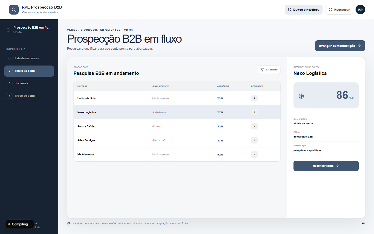 Interface demonstrativa de conta-alvo B2B, com pistas visuais específicas do trabalho.