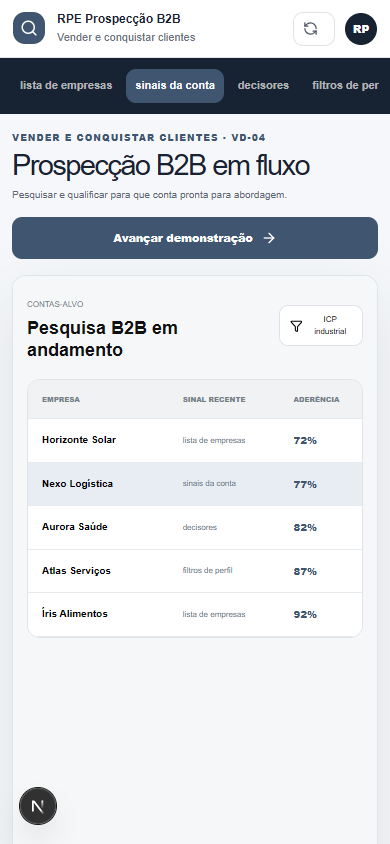 Interface demonstrativa de conta-alvo B2B, com pistas visuais específicas do trabalho. Versão móvel.
