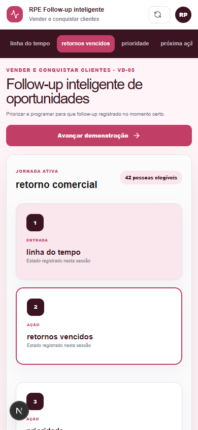 Interface demonstrativa de retorno comercial, com pistas visuais específicas do trabalho. Versão móvel.