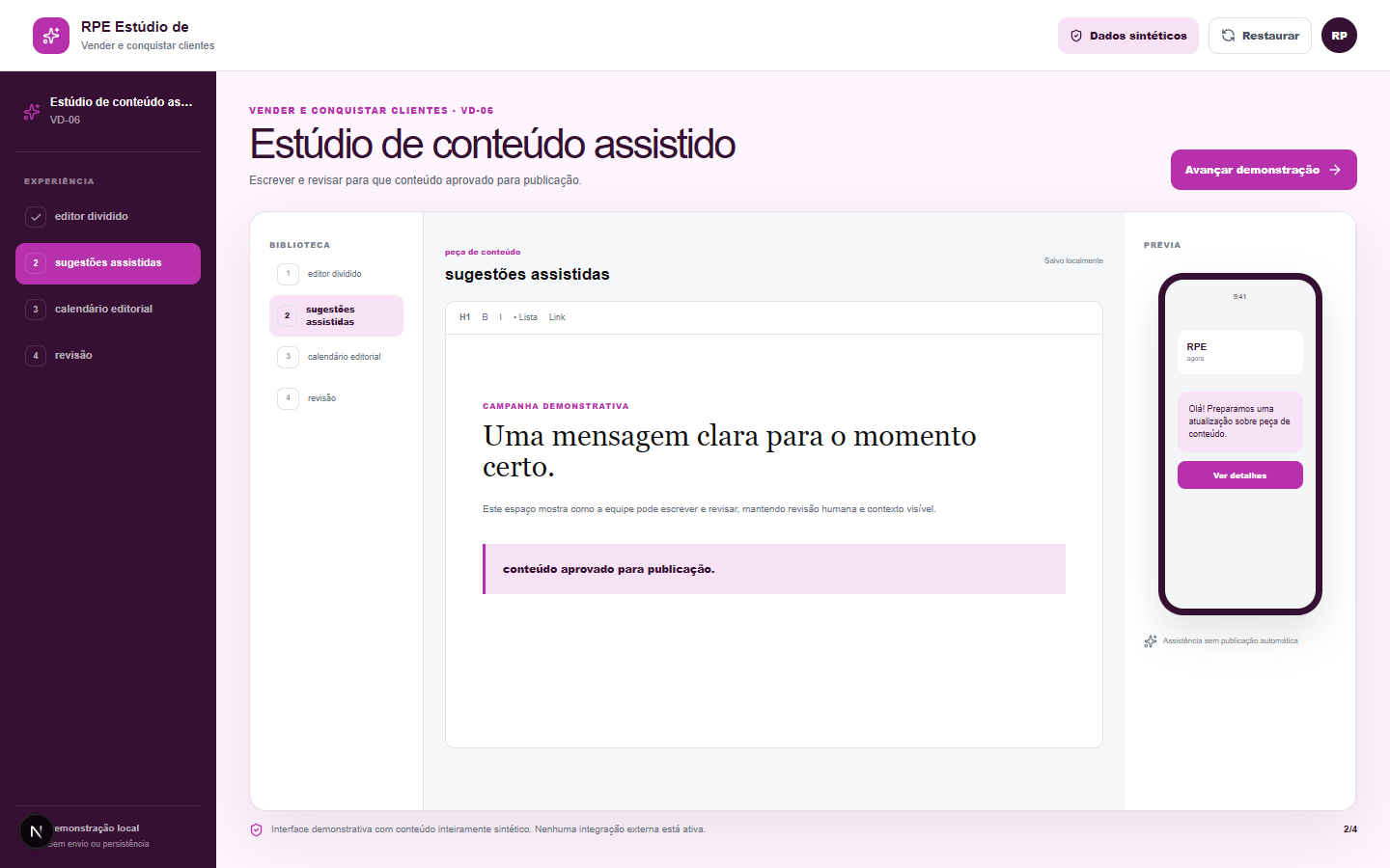 Interface demonstrativa de peça de conteúdo, com pistas visuais específicas do trabalho.