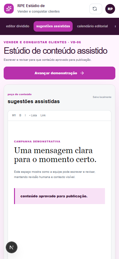 Interface demonstrativa de peça de conteúdo, com pistas visuais específicas do trabalho. Versão móvel.