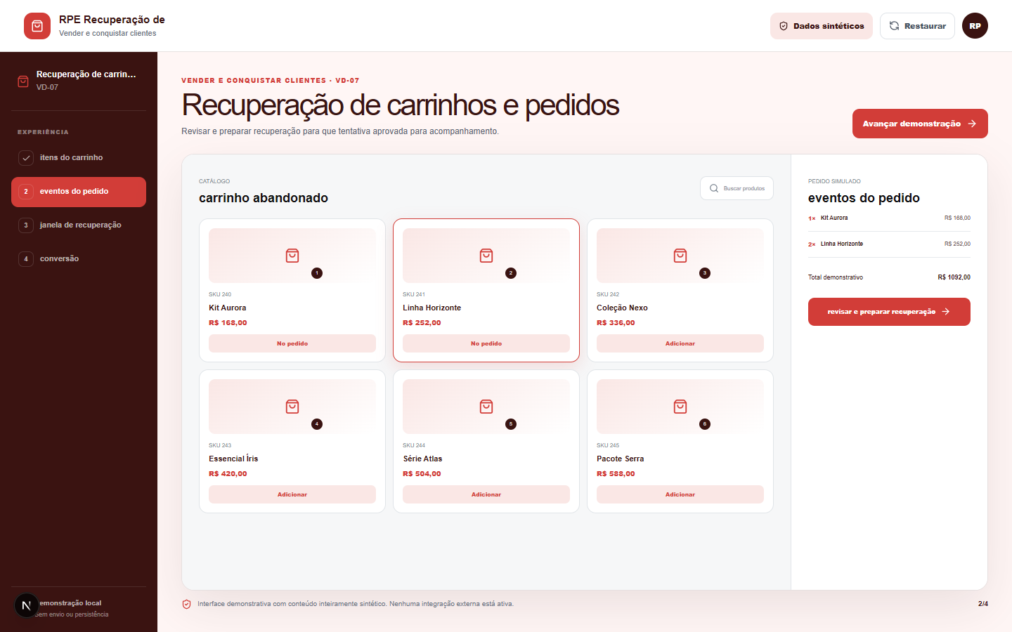 Interface demonstrativa de carrinho abandonado, com pistas visuais específicas do trabalho.