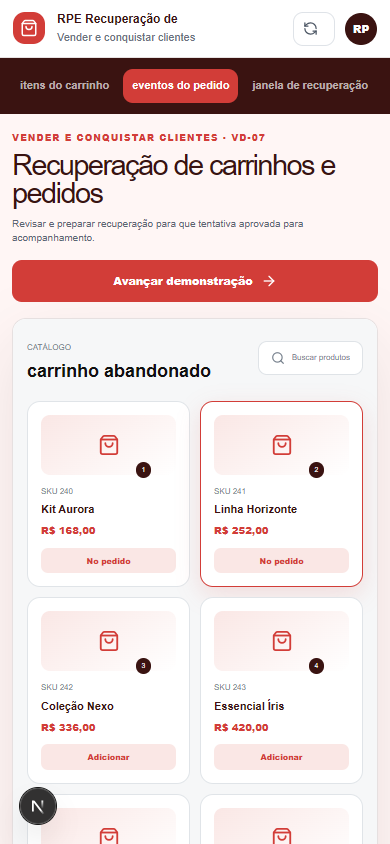 Interface demonstrativa de carrinho abandonado, com pistas visuais específicas do trabalho. Versão móvel.