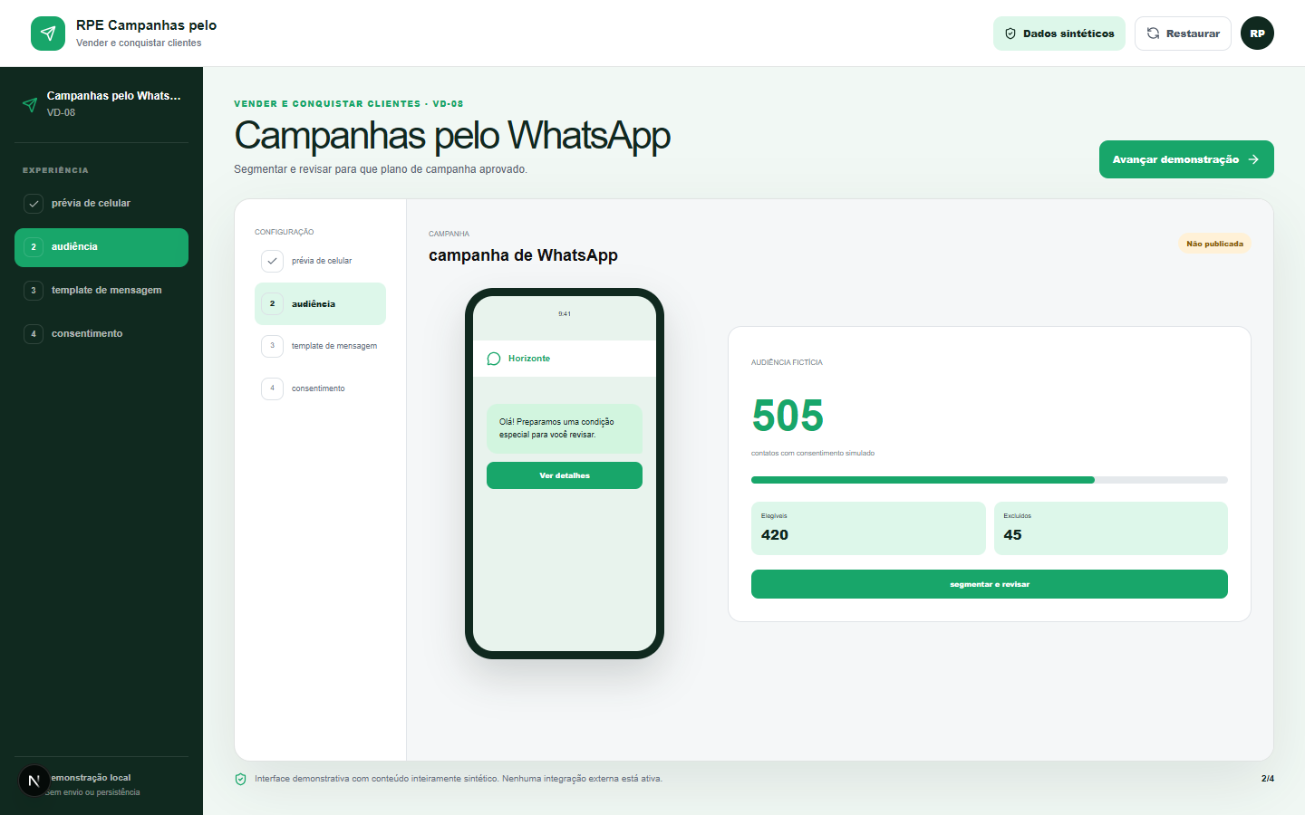 Interface demonstrativa de campanha de WhatsApp, com pistas visuais específicas do trabalho.