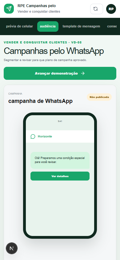Interface demonstrativa de campanha de WhatsApp, com pistas visuais específicas do trabalho. Versão móvel.